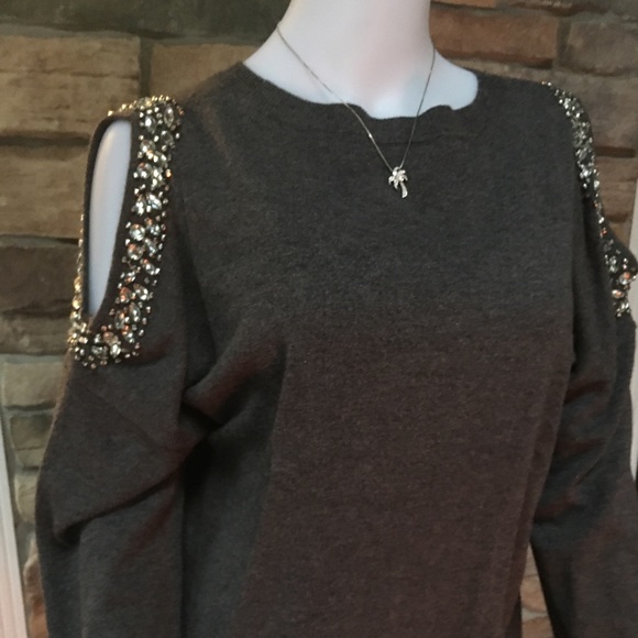 INC International Concepts Sweaters - Gray Peekaboo shoulders with rhinestone sweater